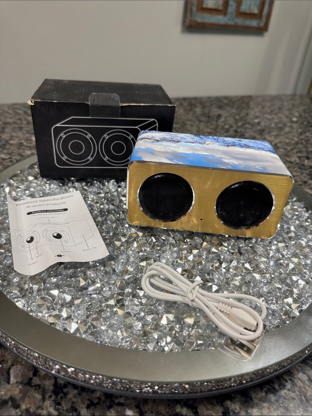 Portable Dual-Driver Bluetooth Speaker - Blue & Gold sky view NEW